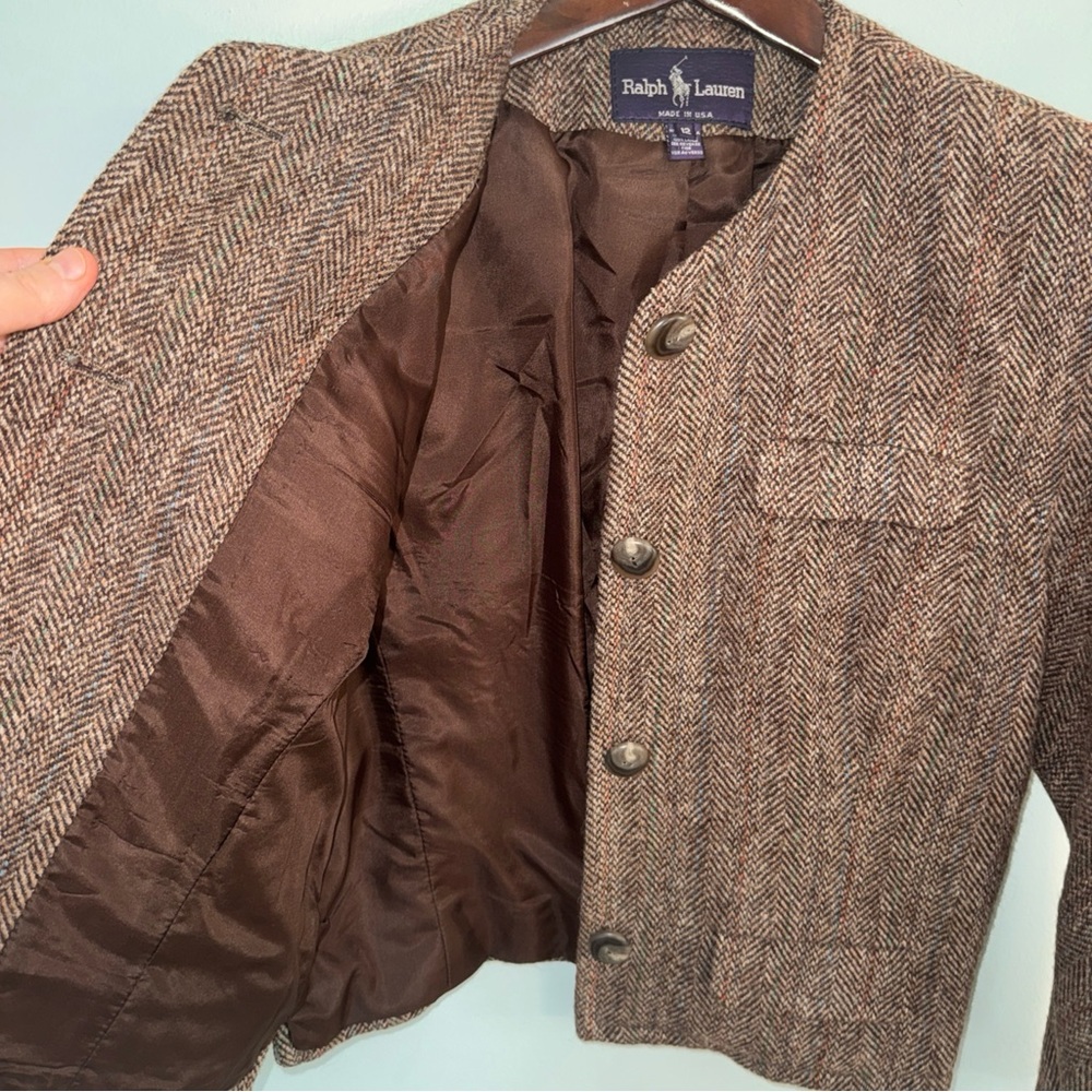 Ralph Lauren Polo Wool Tweed Herringbone Blazer Collarless Made in USA 12 - Picture 8 of 15